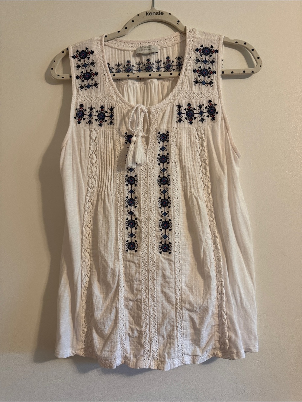 Lucky Brand White Embroidered Tassel Tie Sleeveless Top
